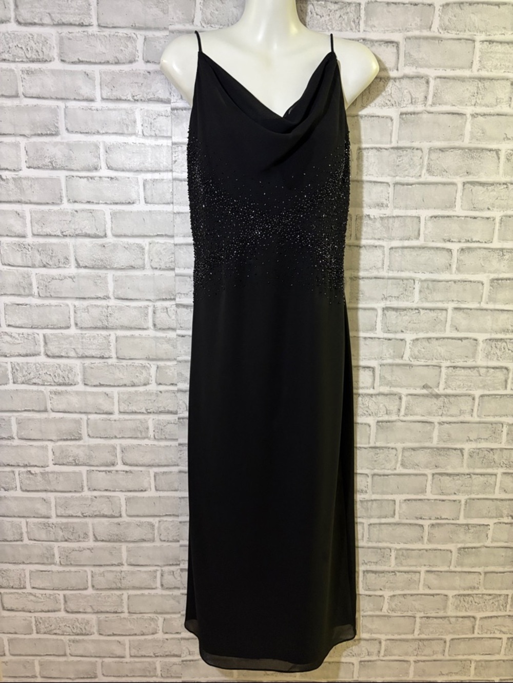 Lori Ann Montreal Black Beaded Cowl-Neck Maxi Dress, size 12